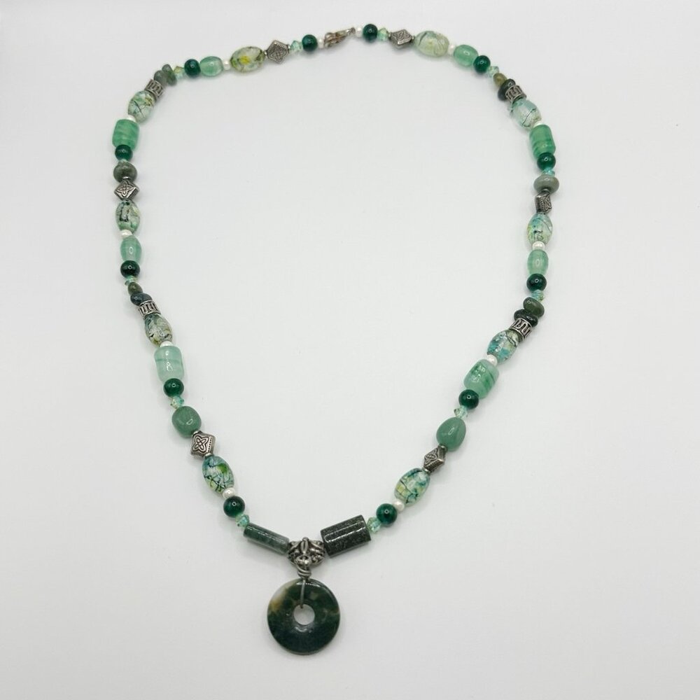 Green Beaded Necklace‎ Of Stone, Glass And Metal Beads 21”